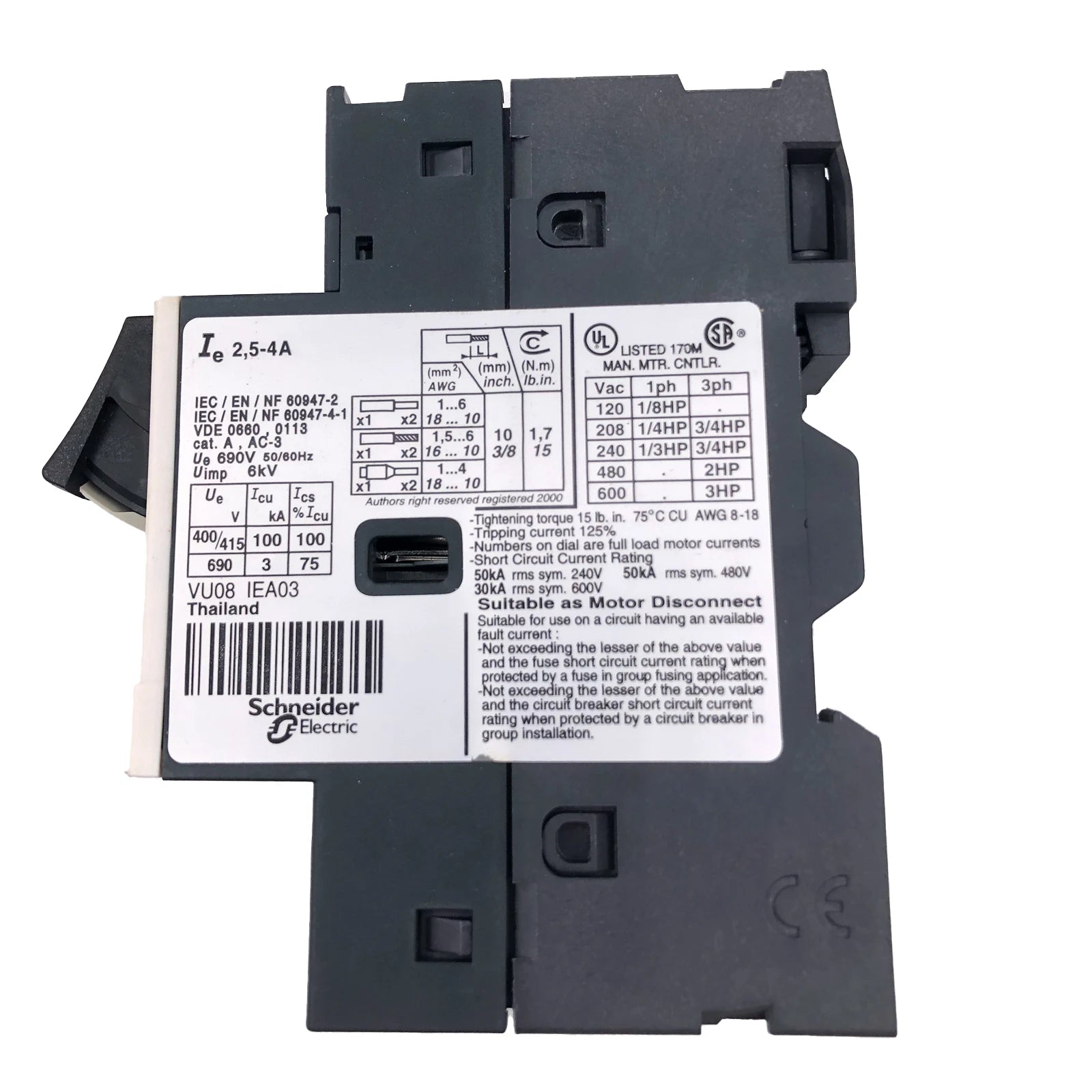 Schneider Electric / Telemecanique Circuit Breaker 3 Pole 2.5A-4.0A GV2ME08