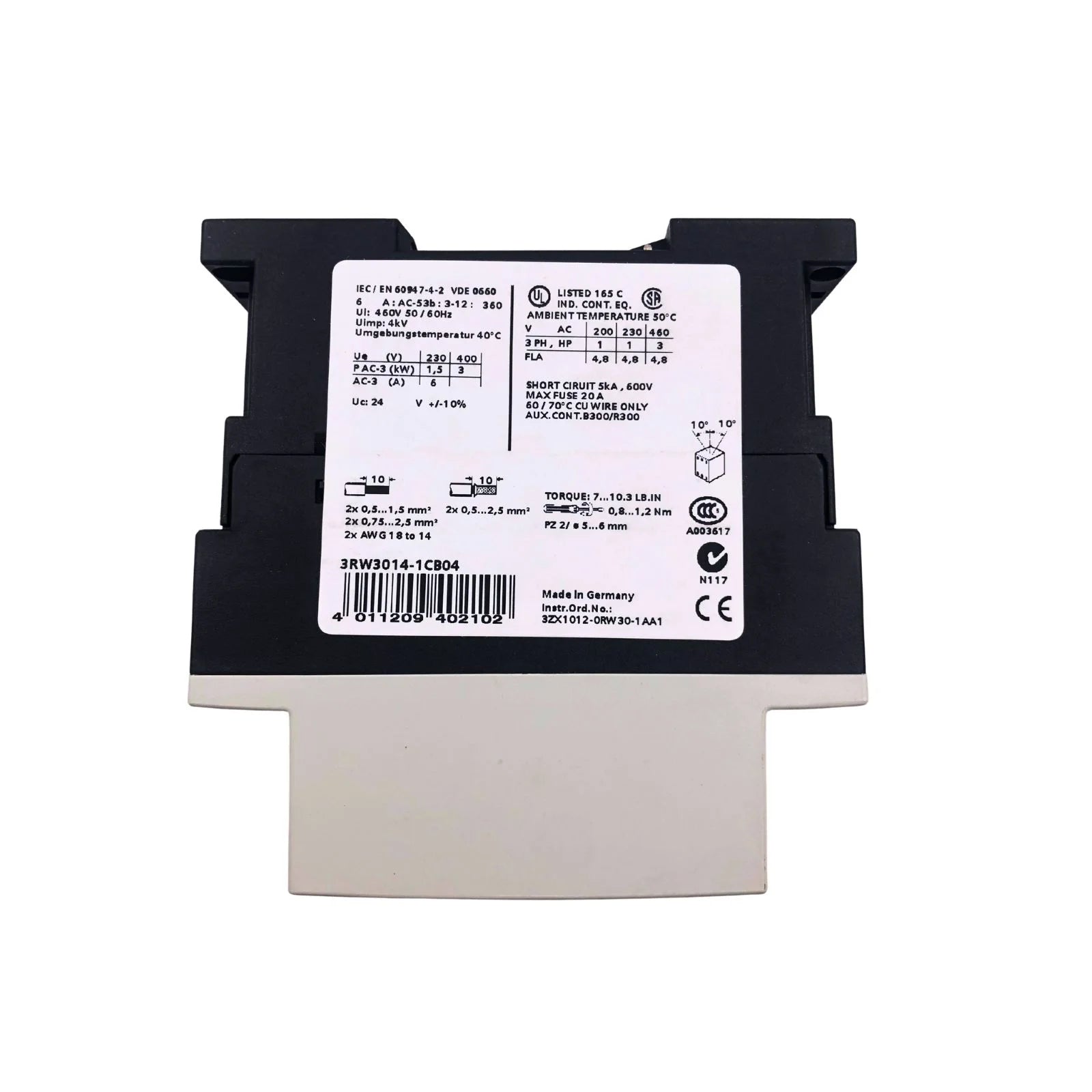 Siemens Soft Starter 480V 4.8A 3 Phase 3RW3014-1CB04