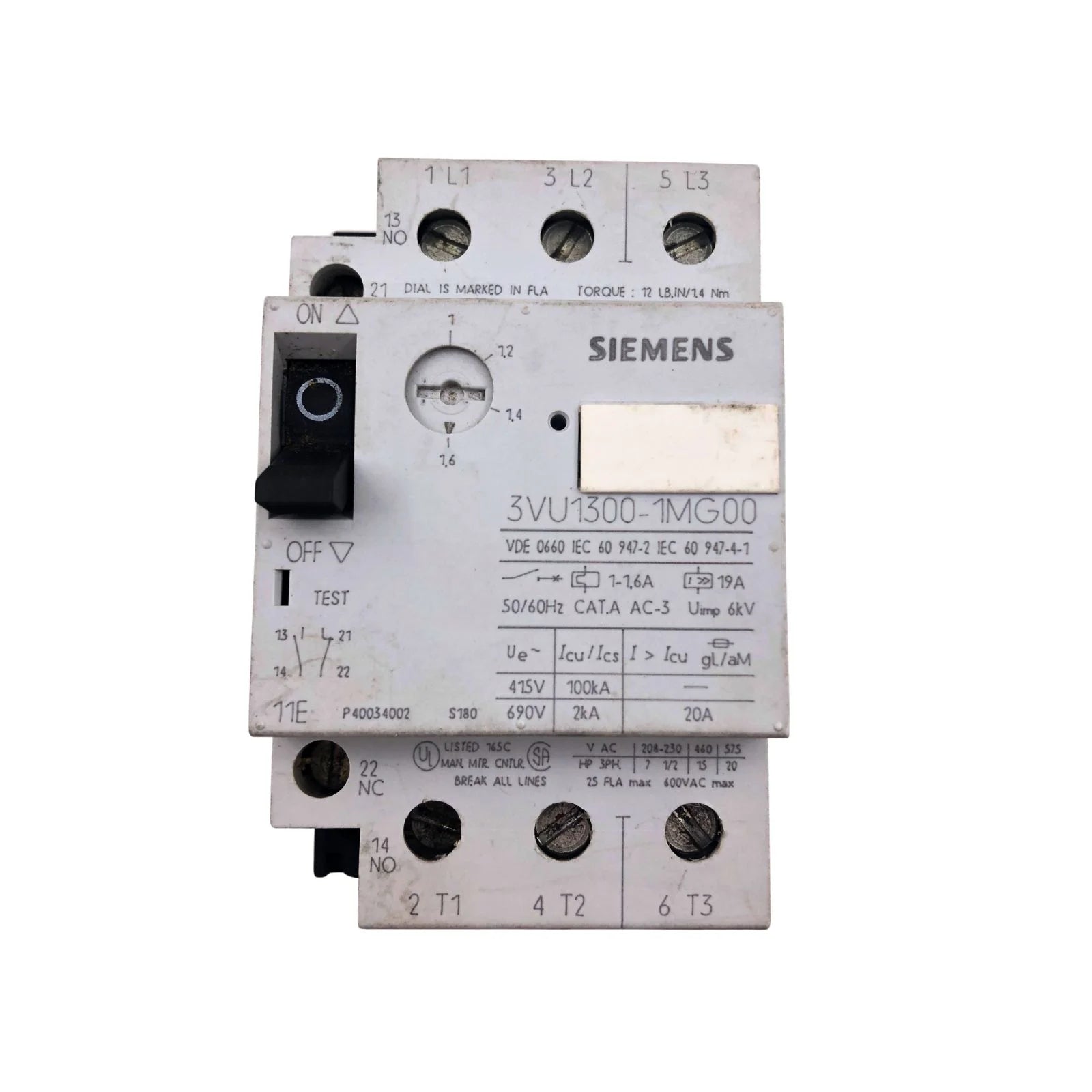 Siemens Motor Starter Circuit Breaker 3 Pole 1-1.6A 1NO+1NC 3VU1300-1MG00
