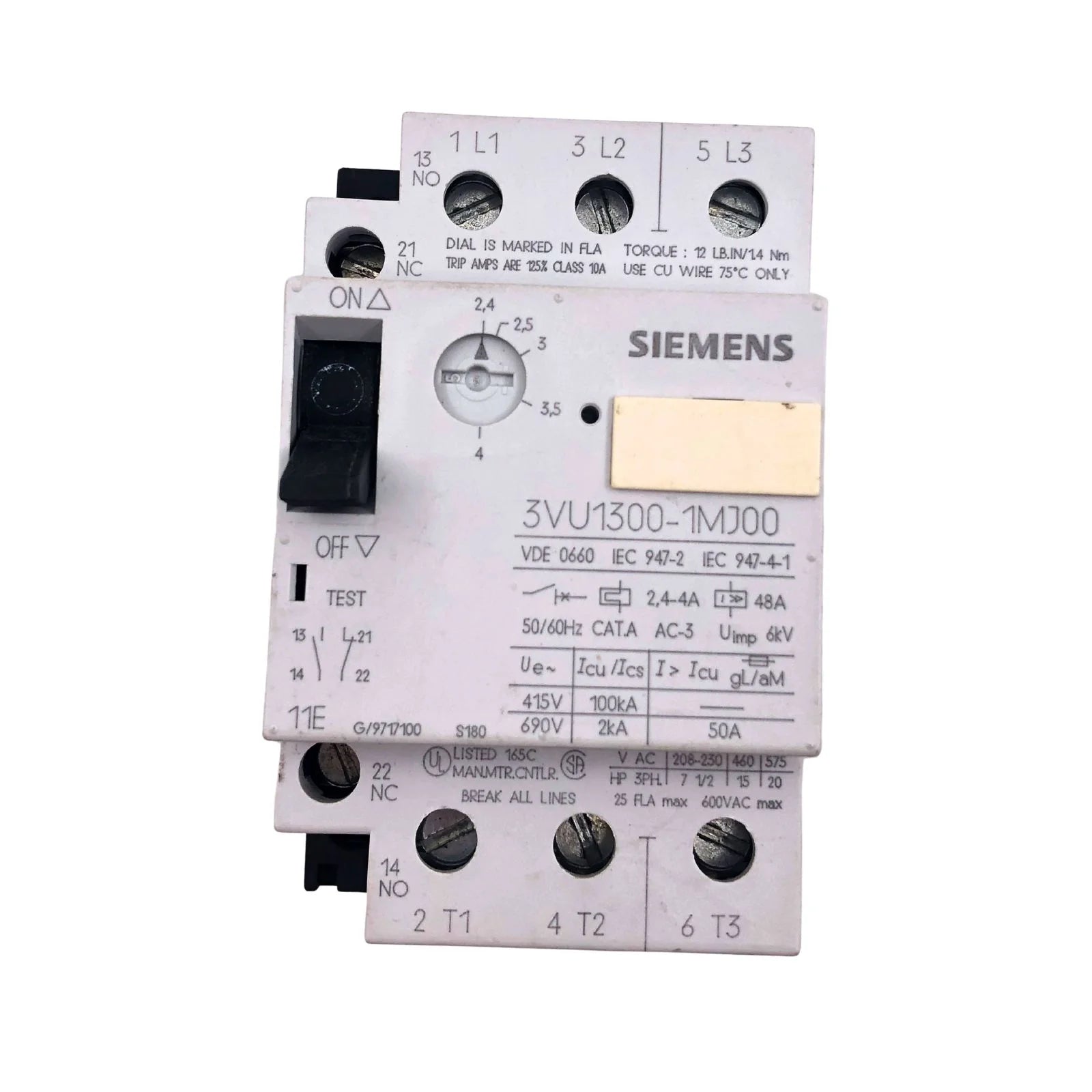 Siemens Motor Starter Circuit Breaker 3 Pole 2.4-4A 1NO + 1NC 3VU1300-1MJ00