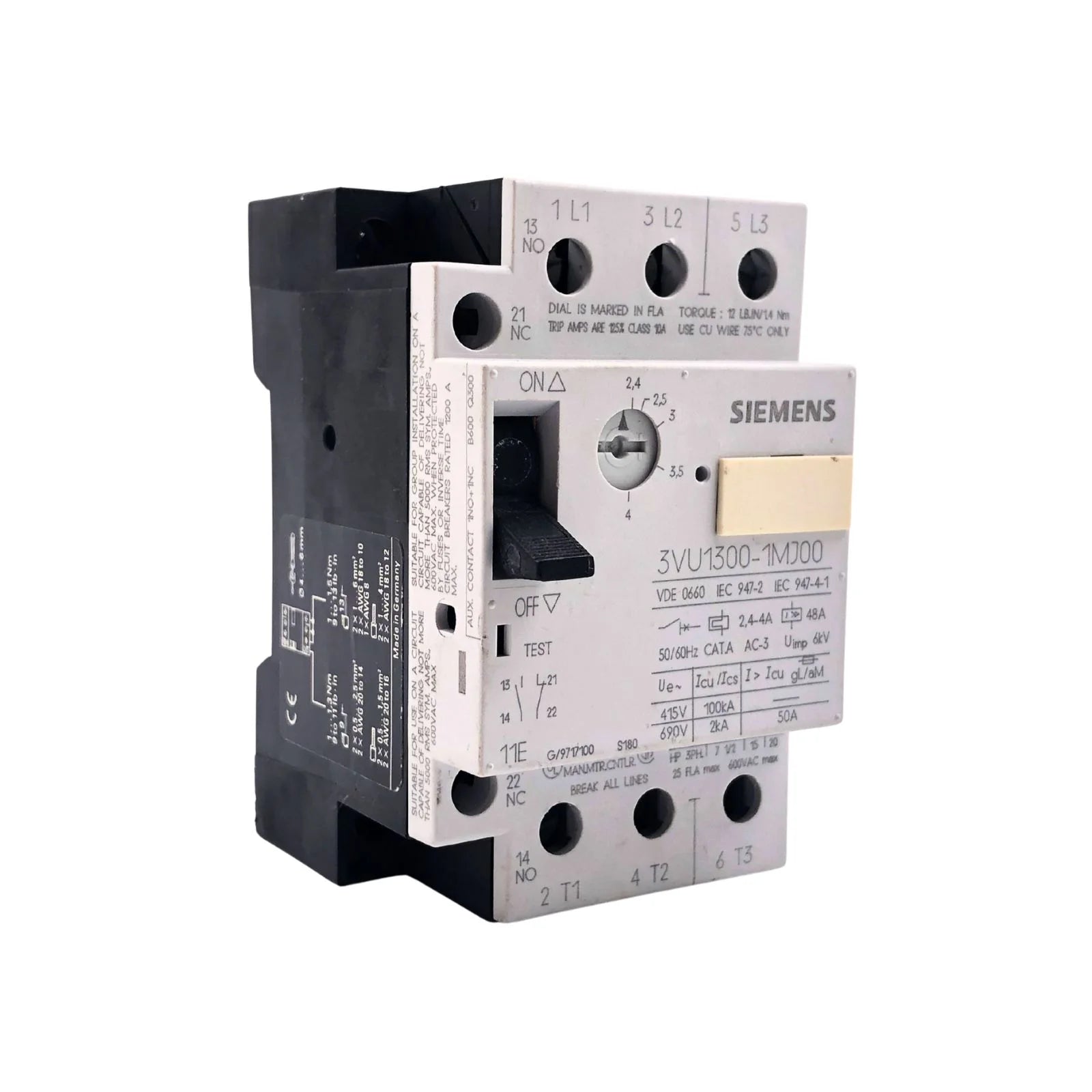 Siemens Motor Starter Circuit Breaker 3 Pole 2.4-4A 1NO + 1NC 3VU1300-1MJ00