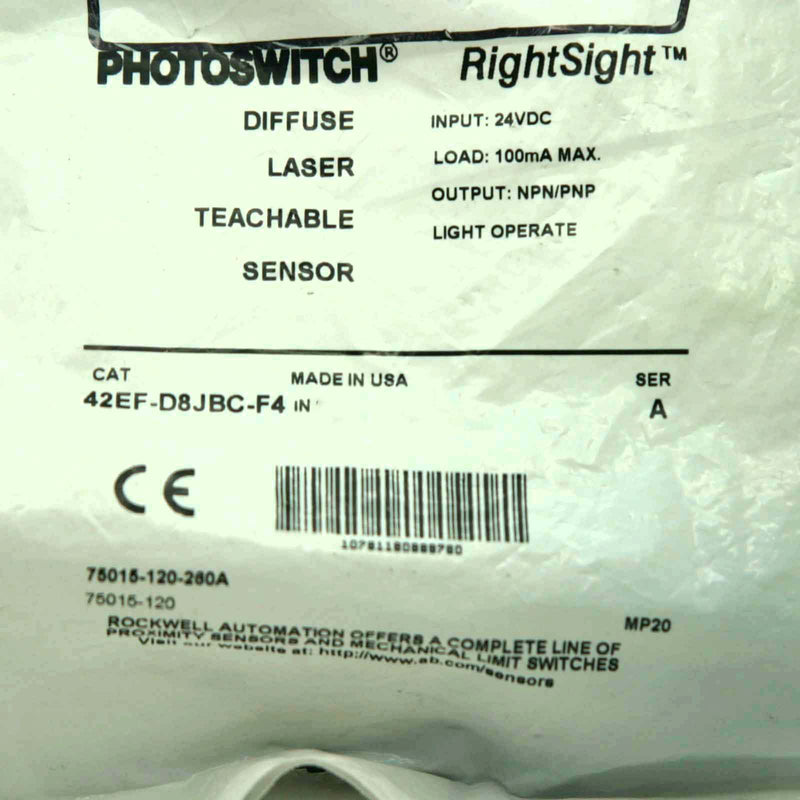 Allen-Bradley Photoswitch Photoelectric Sensor RightSight 42EF-D8JBC-F4