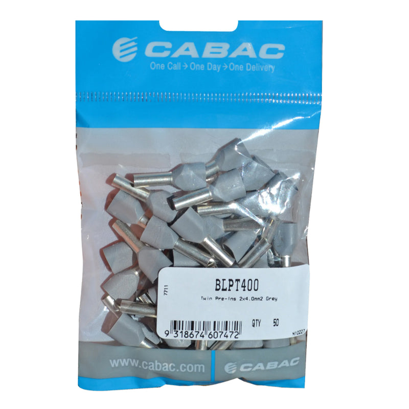 CABAC Bootlace Pin Twin Pre-Ins 2X4.0mm2 Grey Halogen Free BLPT400 50pcs