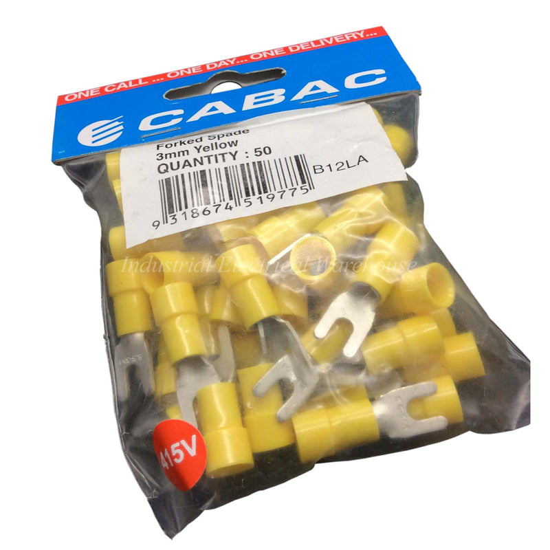 CABAC Terminal Fork Forked Spade 3mm 415V Yellow FS5.5-3 50pcs