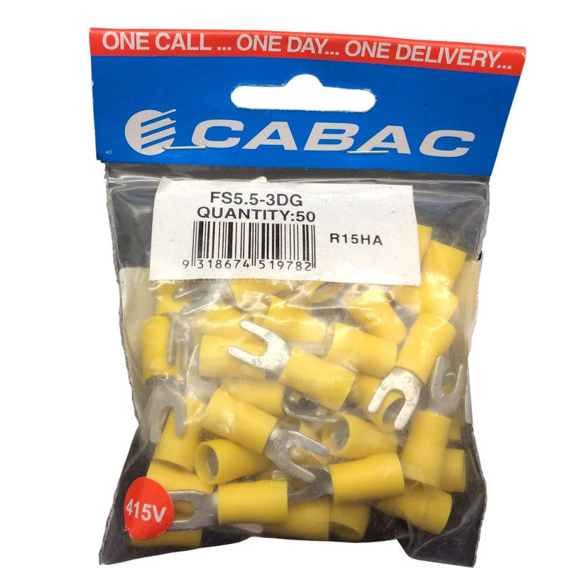 CABAC Terminal Fork Forked Spade 3mm 415V Yellow FS5.5-3DG 50pcs