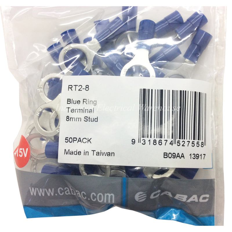 CABAC Terminal Ring 1 to 2.6mm² 300V 8mm Blue RT2-8 Pack of 50