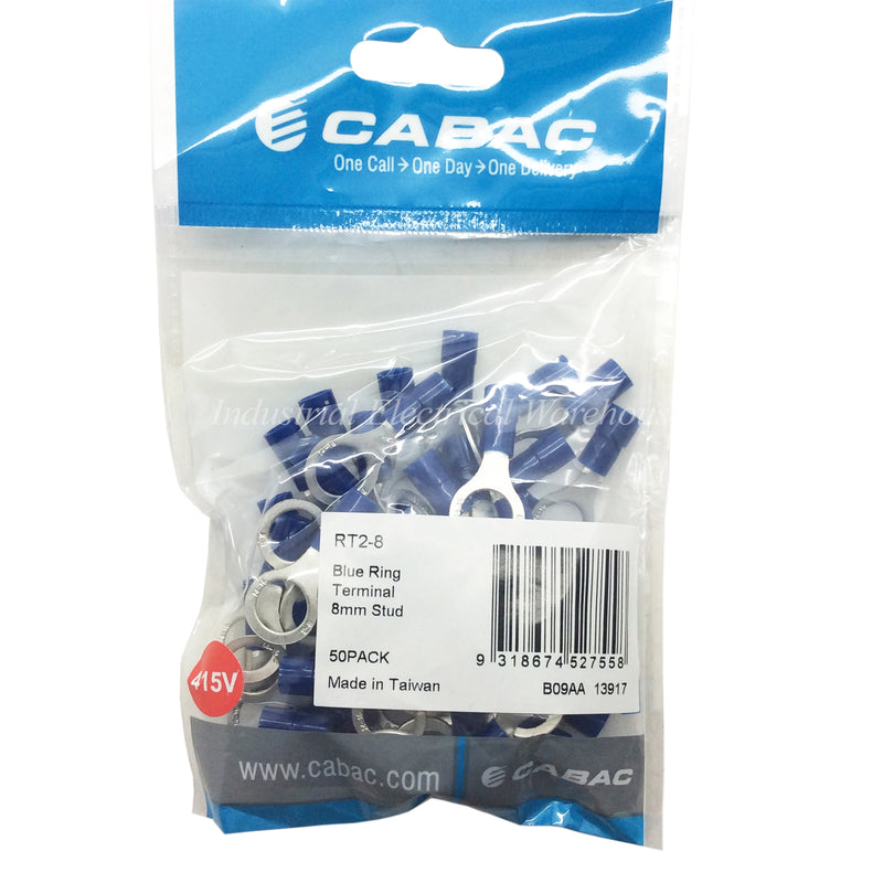 CABAC Terminal Ring 1 to 2.6mm² 300V 8mm Blue RT2-8 Pack of 50