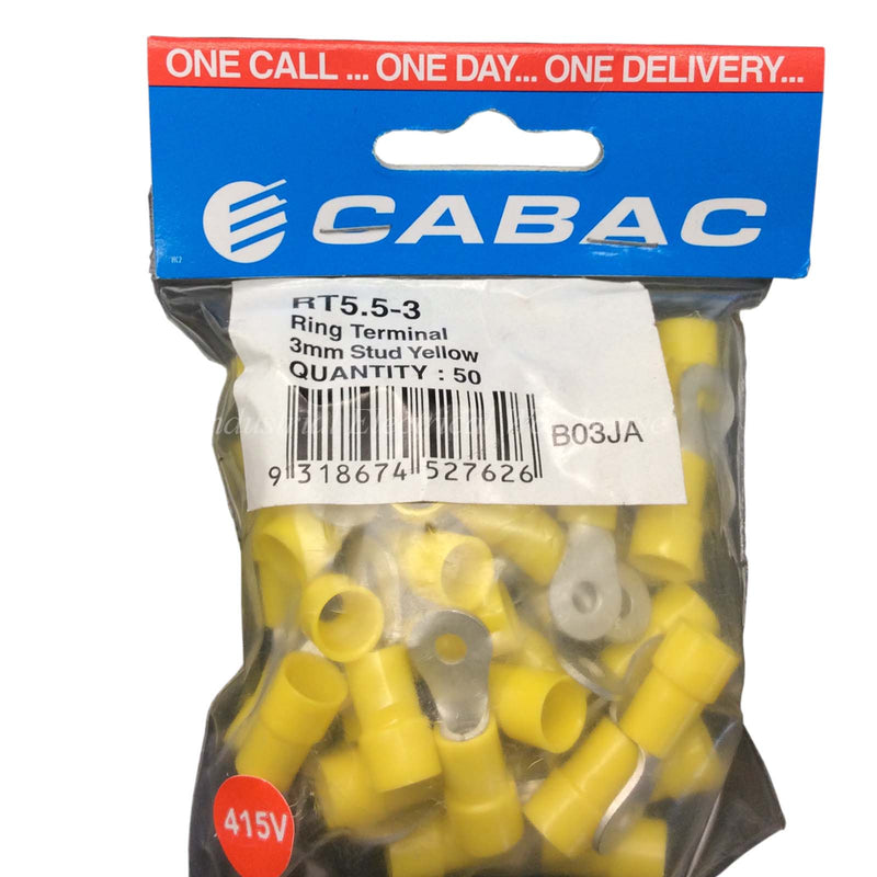 CABAC Terminal Ring Stud 3mm Hole 415V Yellow RT5.5-3 50