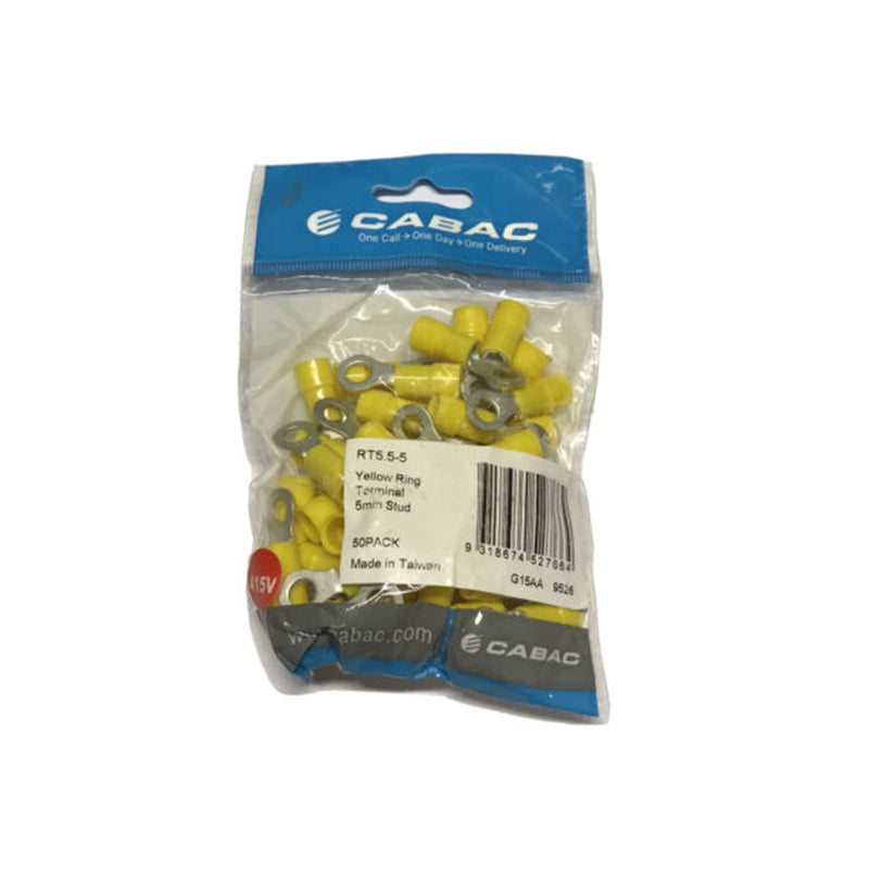 CABAC Terminal Ring Stud 5mm Hole 415V Yellow RT5.5-5 Pack of 50