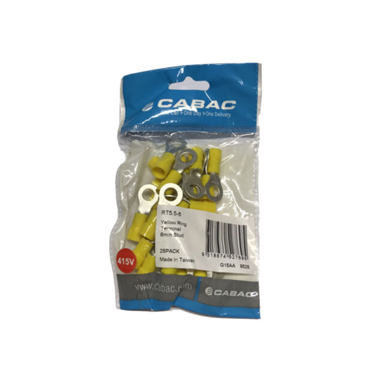 CABAC Terminal Ring 2.5 to 6mm² 300V 6mm Yellow RT5.5-6 Pack of 25