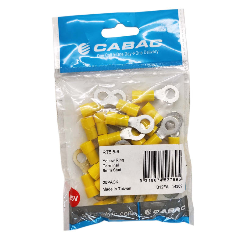 CABAC Terminal Ring 2.5 to 6mm² 300V 6mm Yellow RT5.5-6 Pack of 25