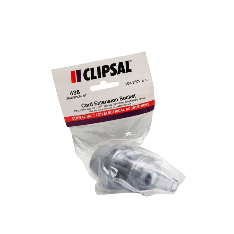 Clipsal Extension Cord Socket Plug 250VAC 10A 3 Pin Flat Transparent 438