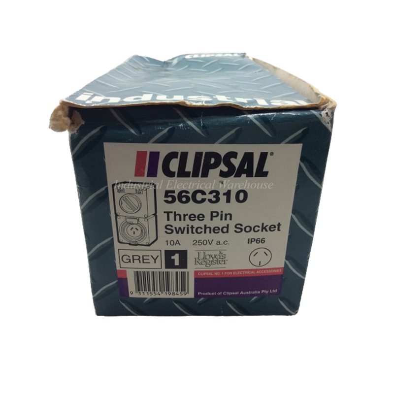 Clipsal Weatherproof ON/OFF Switched Socket Outlet 250V 10A 3 Pins Gray 56C310