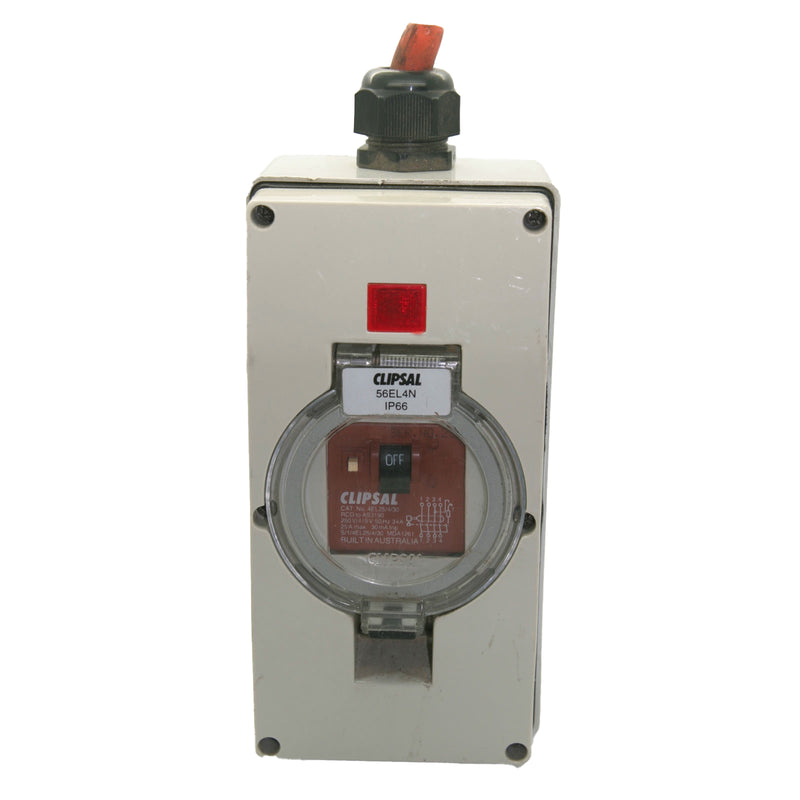 Clipsal Weatherproof Enclosure RCD with Neon Indication Outlet 25A 30mA 250/415V 56EL4NM and 4EL25/4/30