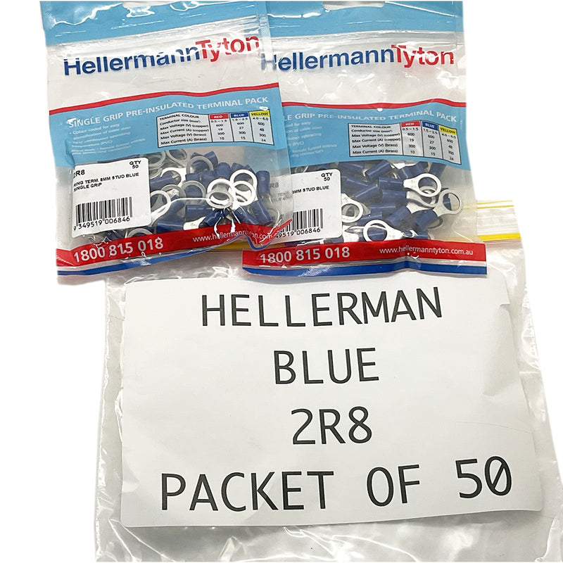 HellermannTyton Ring Terminal 8mm Stud Single Grip Blue 2R8 Pack of 50