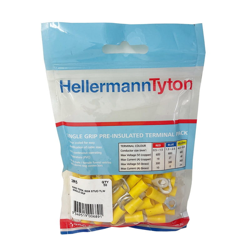 HellermannTyton Ring Terminal 5mm Stud Single Grip Yellow 3R5 Pack of 100