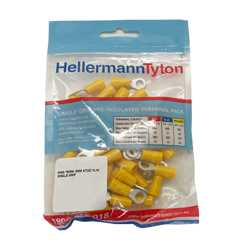 HellermannTyton Ring Terminal 5mm Stud Single Grip Yellow 3R5 Pack of 100