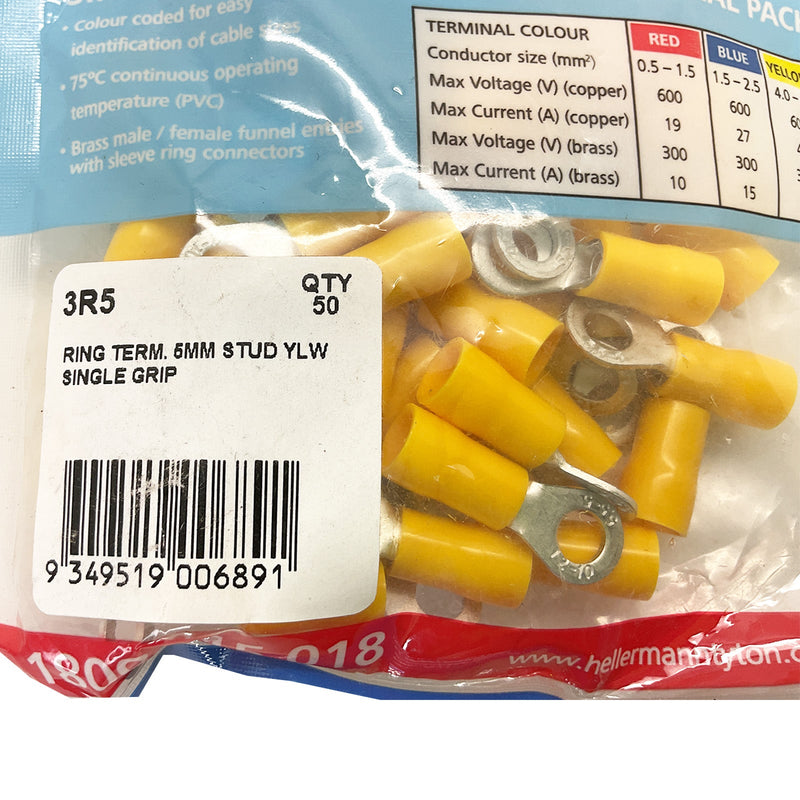 HellermannTyton Ring Terminal 5mm Stud Single Grip Yellow 3R5 Pack of 100