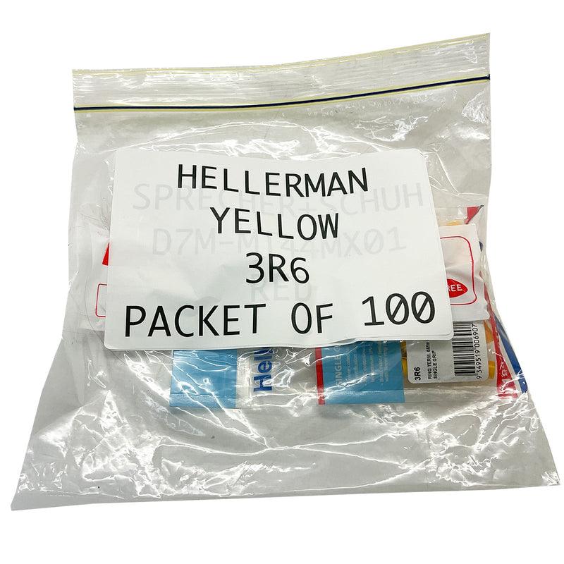 HellermannTyton Ring Terminal 6mm Stud Single Grip Yellow 3R6 Pack of 100