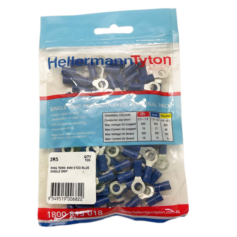HellermannTyton Ring Terminal 5mm Stud Single Grip Blue 2R5 Pack of 100