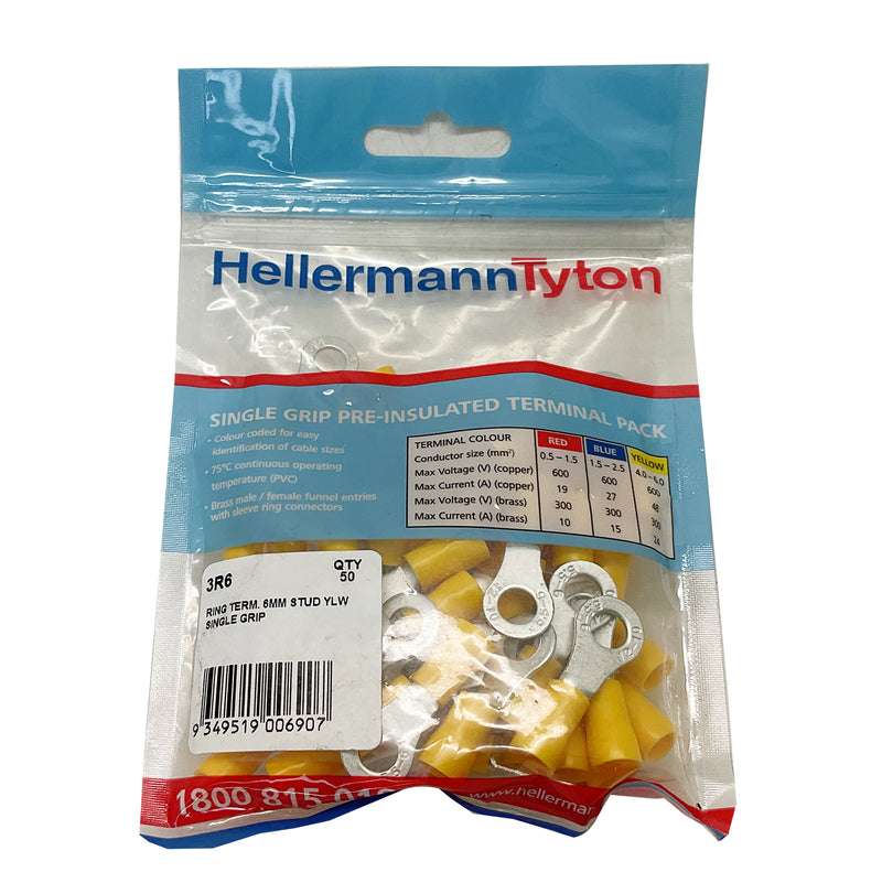 HellermannTyton Ring Terminal 6mm Stud Single Grip Yellow 3R6 Pack of 100