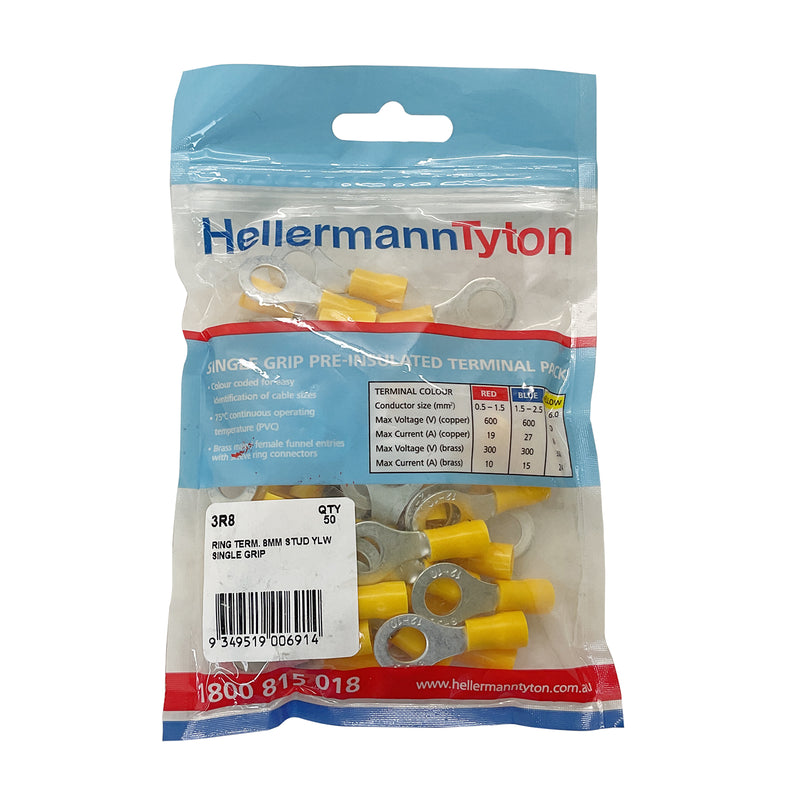 HellermannTyton Ring Terminal 8mm Stud Single Grip Yellow 3R8