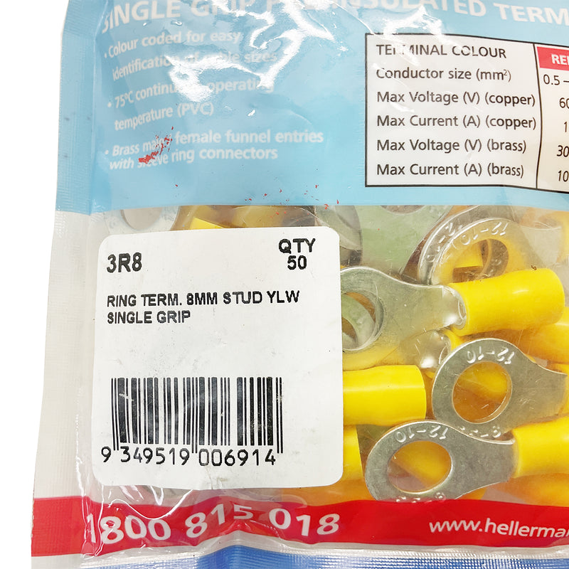 HellermannTyton Ring Terminal 8mm Stud Single Grip Yellow 3R8