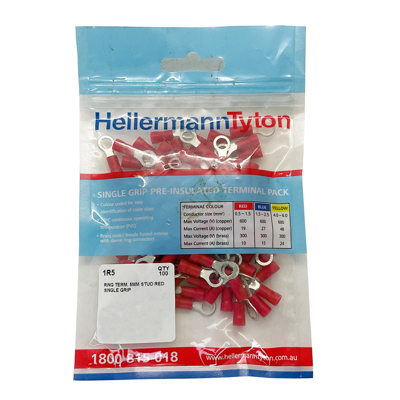 HellermannTyton Insulated Ring Terminals Red 1R5 Pack of 100