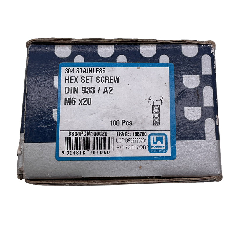 Hobson Hex Set Screw M6X20 304 Stainless Steel BS04PCM060020 Qty 100