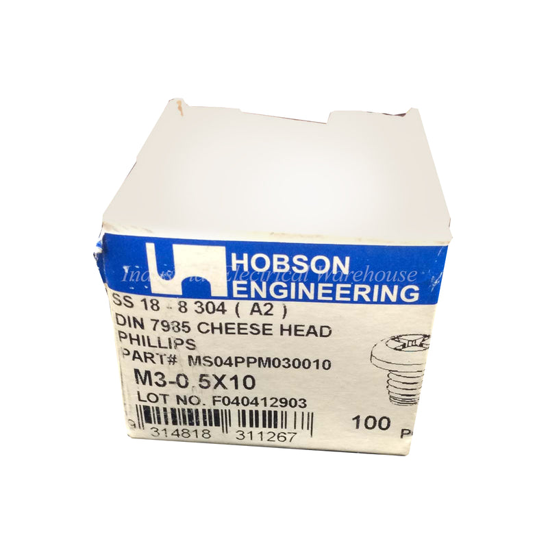 Hobson 304 S/Steel Cheese Head Phillips M3-0 5x10 DIN7985 MS04PPM030010 Qty 100