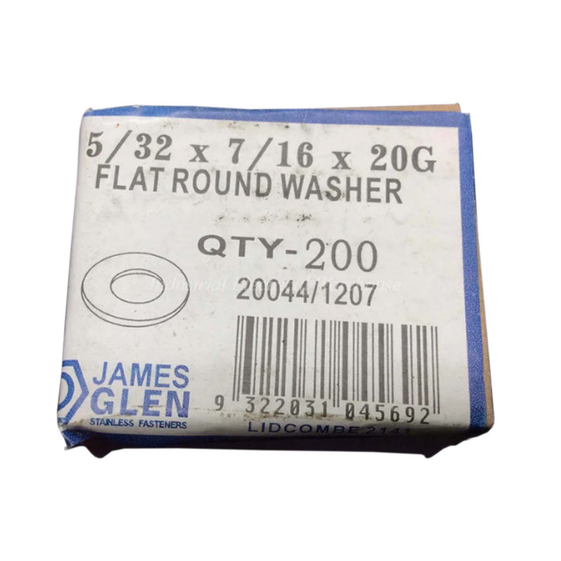 James Glen Flat Round Washer 5/32x7/16x20G 304 Stainless Steel 30022 Qty 200