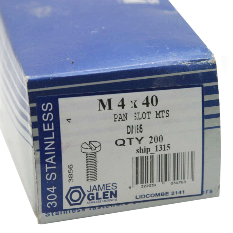 James Glen Pan Slot Screw M4x40 304 Stainless Steel 3856 Qty 200