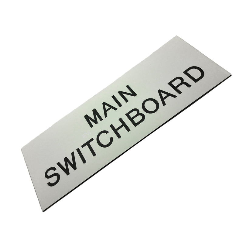 Legend Plate “ Main Switchboard “ 400mm L x 150mm H White with Black Text