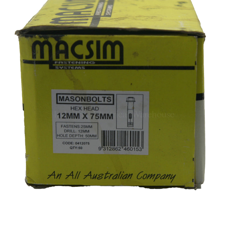 Macsim Mason Bolt Hex Head Dynabolt 12mmx75mm Zinc Plated 0412075