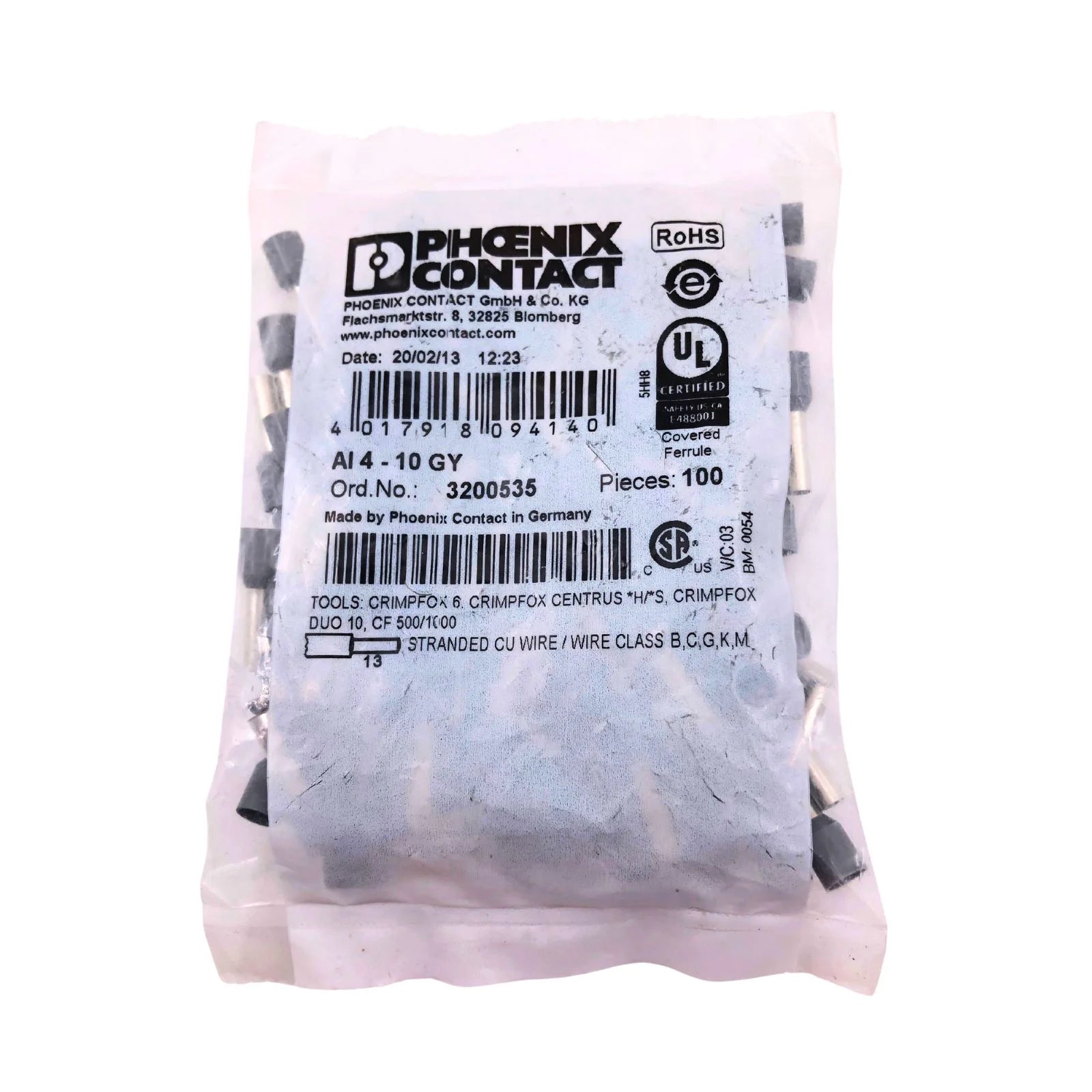 Phoenix Contact Ferrule Connector 12AWG Grey 3200535