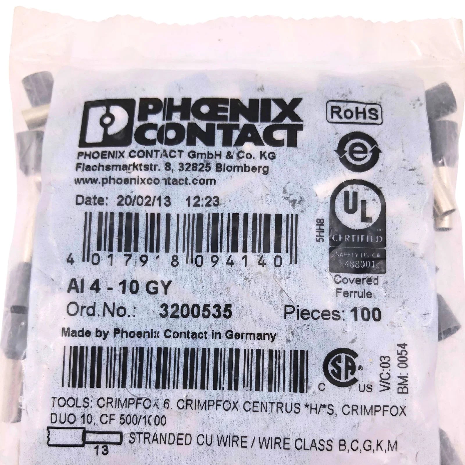 Phoenix Contact Ferrule Connector 12AWG Grey 3200535