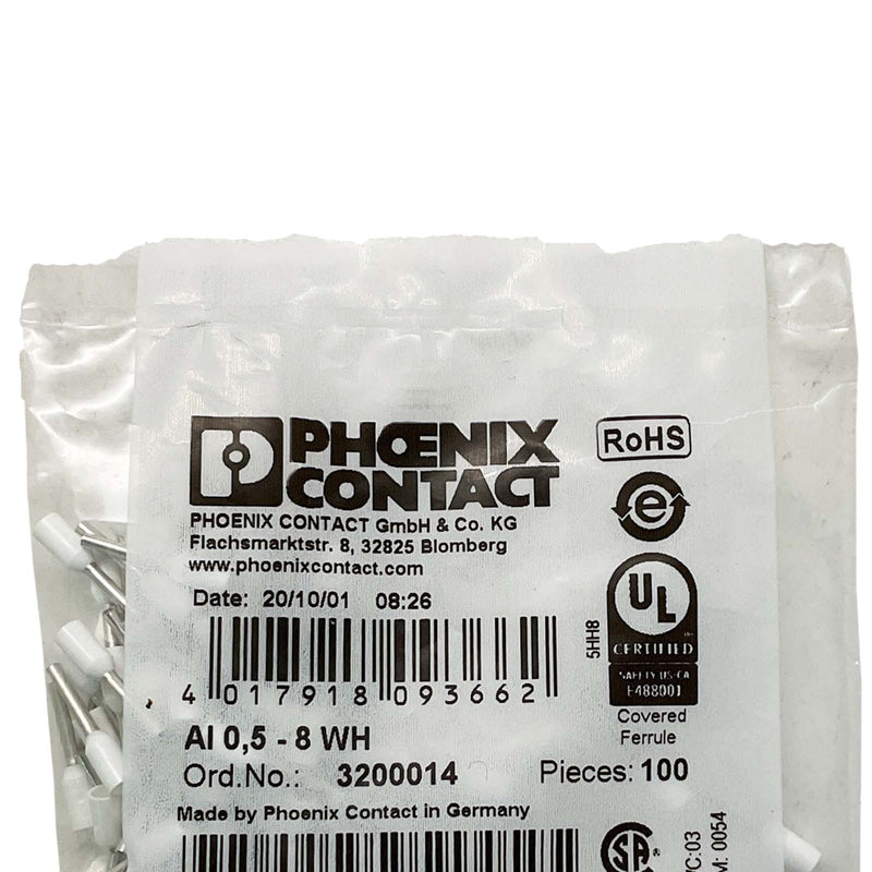 Phoenix Contact Ferrule Connector 20AWG Copper Female Insulated White 3200014