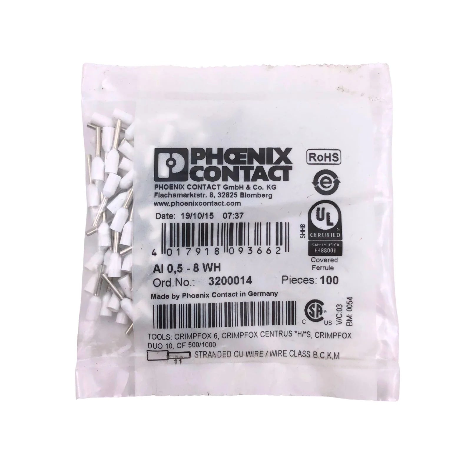 Phoenix Contact Ferrule Connector 20AWG Copper Female Insulated White 3200014