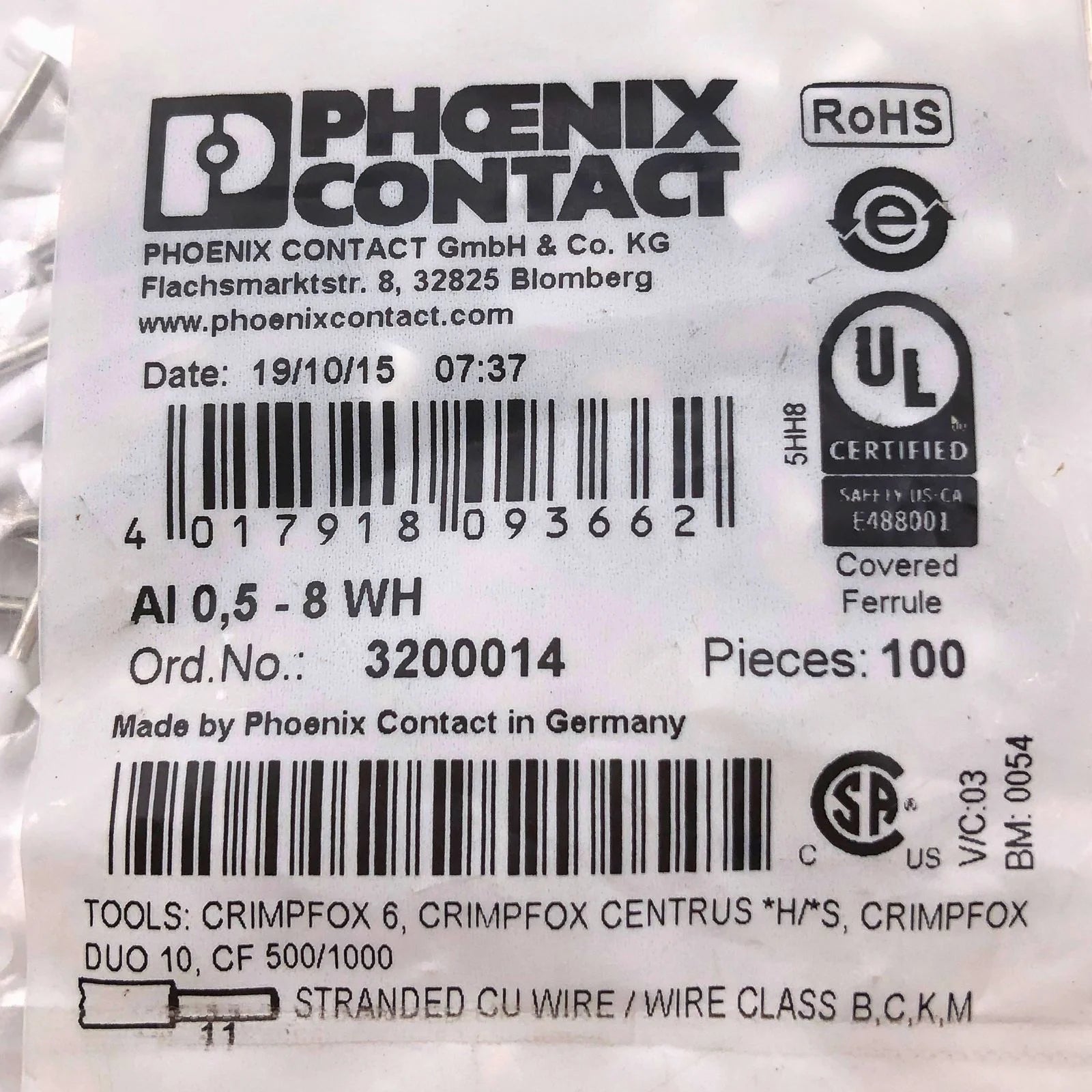 Phoenix Contact Ferrule Connector 20AWG Copper Female Insulated White 3200014