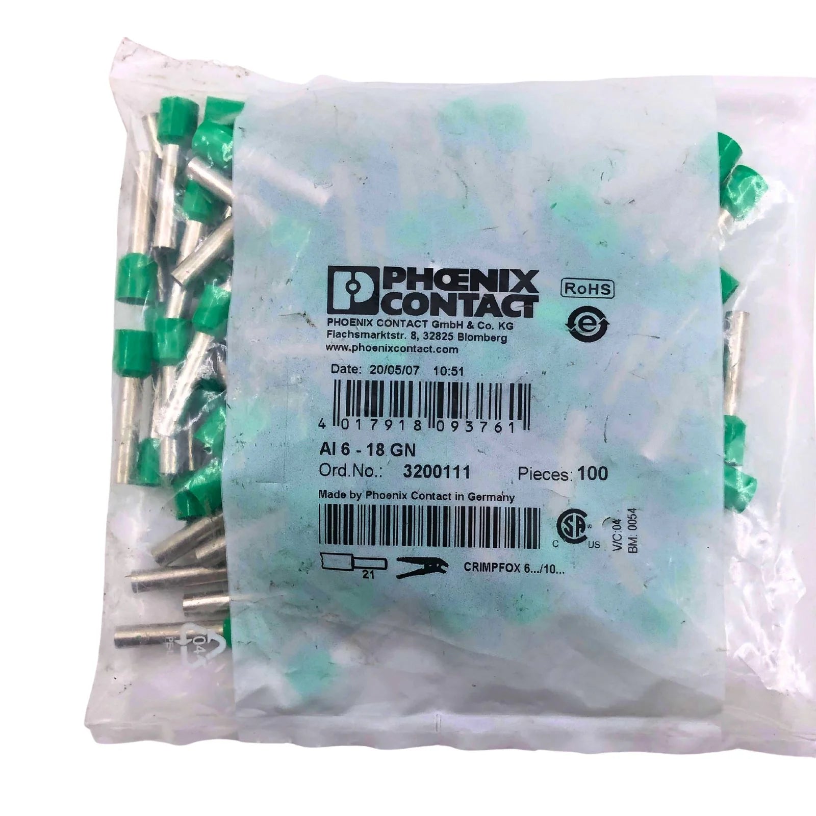 Phoenix Contact Crimp Bootlace Ferrule 10AWG Green Pack of 100 3200111