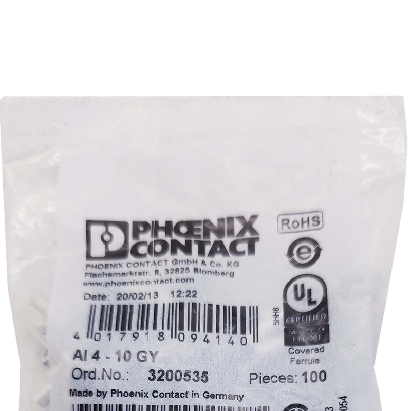 Phoenix Contact Ferrule Connector 12AWG Copper Female Insulated Gray 3200535
