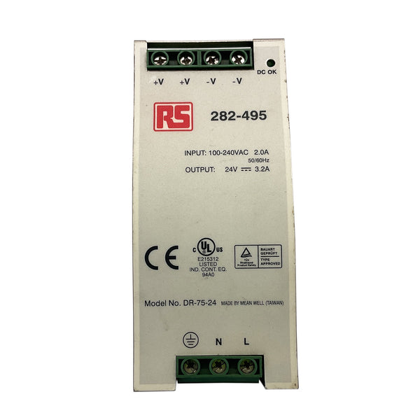 RS Mean Well Power Supply 100-240VAC 2.0A DIN Rail DR-75-24 282-495