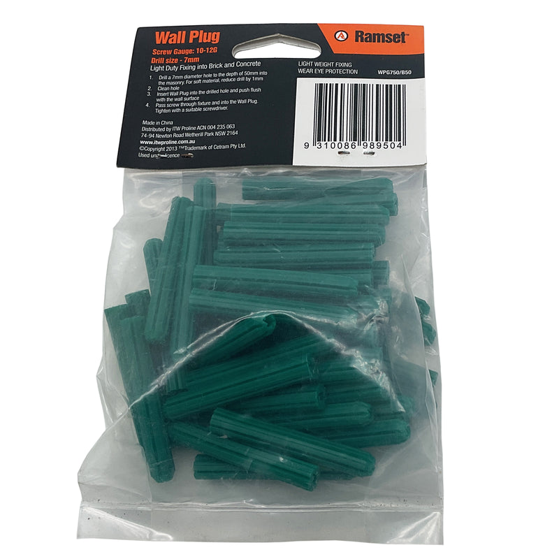 Ramset Wall Plug 10-12G 7mm x 50mm Plastic Green WPG750/B50