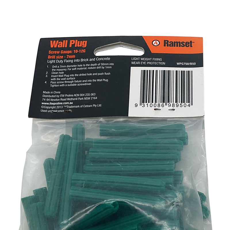 Ramset Wall Plug 10-12G 7mm x 50mm Plastic Green WPG750/B50