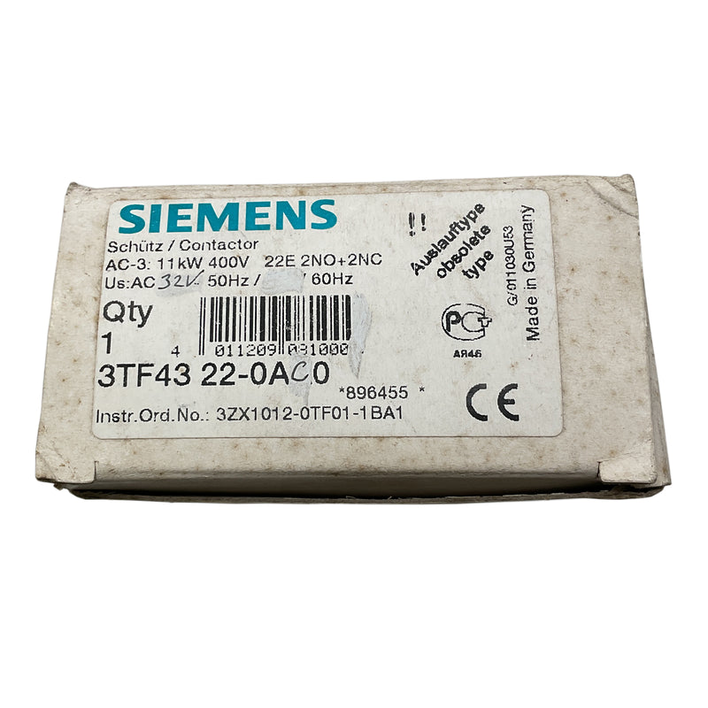 Siemens Contactor 3-Pole 2NO+2NC 600V AC 30A 3TF43-22-0AC0