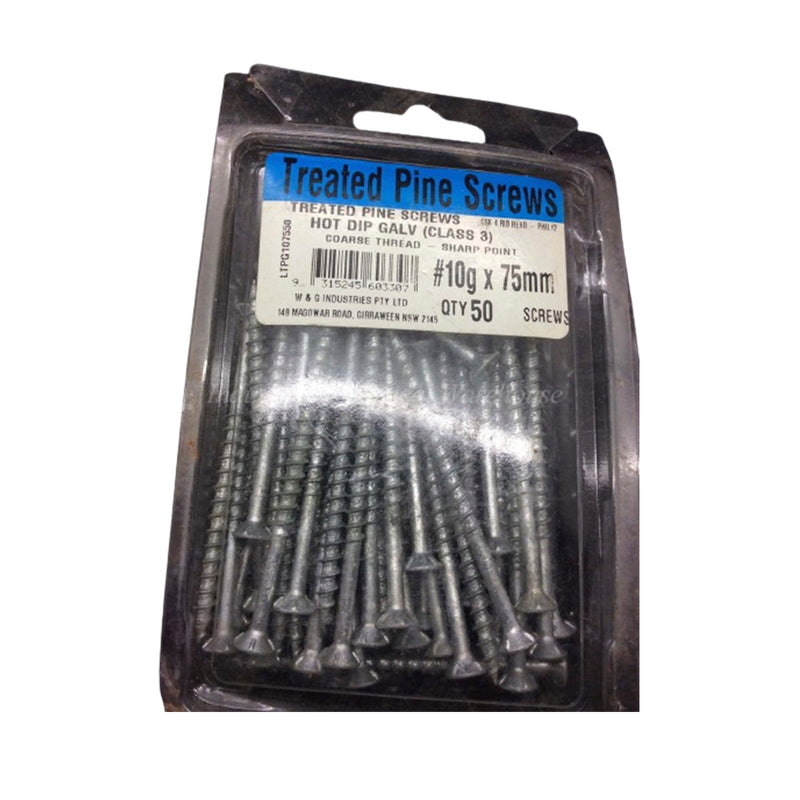 W&G Industries Treated Pine Screws 10gx75mm Hot Dip Galvanised LTPG107550 Qty 50