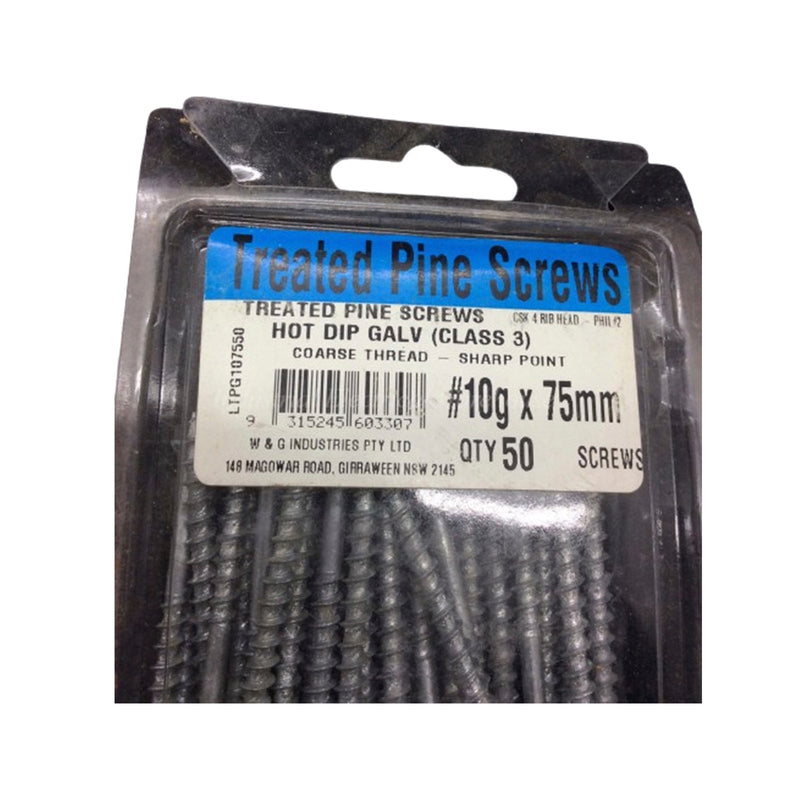 W&G Industries Treated Pine Screws 10gx75mm Hot Dip Galvanised LTPG107550 Qty 50