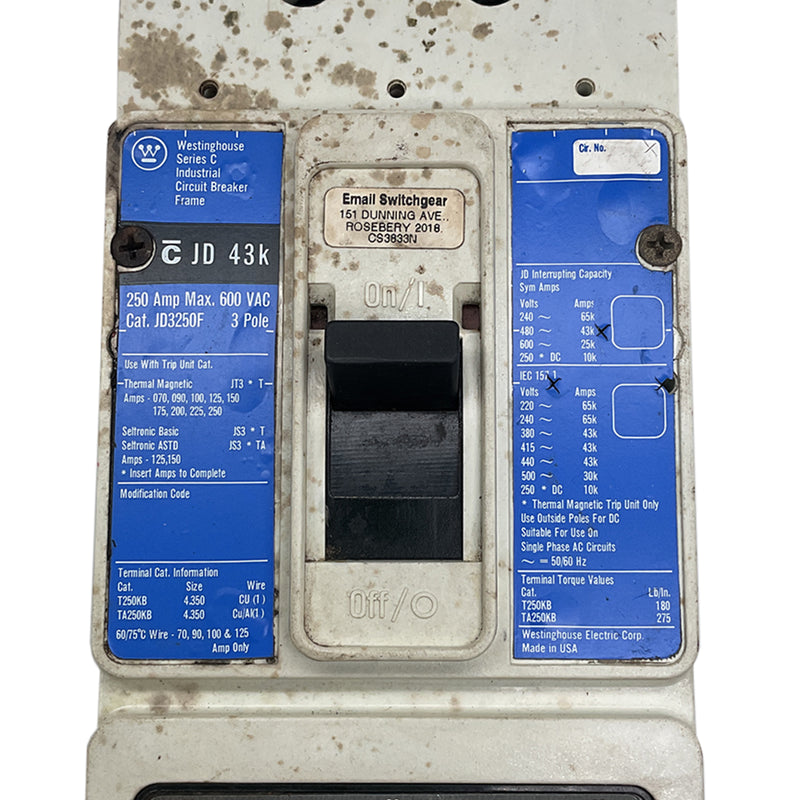 Email Westinghouse Circuit Breaker AC 250A 3P JD3250F